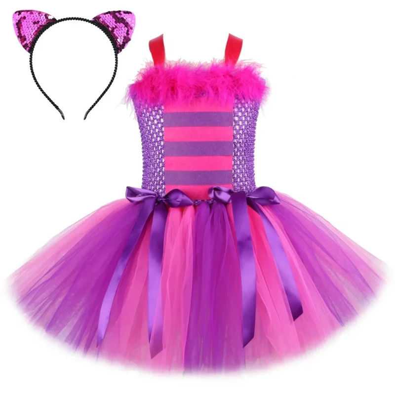 Cute Girls Pink Cat Tutu Dress Girls Kids Halloween Cat Costume Set 1-12 Years Child Birthday Party Clothes Carnival Purim Gift
