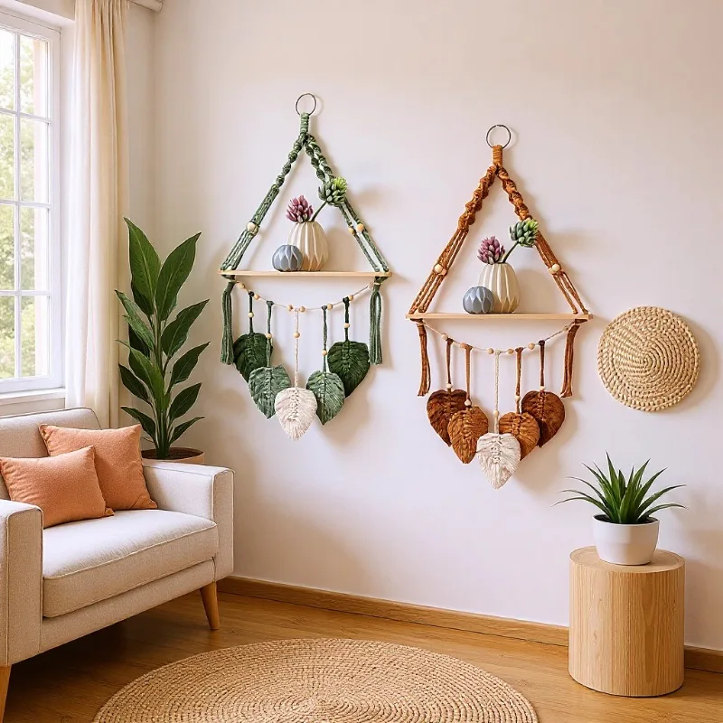 Bohemian Macrame Wall Hanging Shelf Hand-Woven Cotton Rope Plant Hanger Floating Storage Rack for Bedroom Living Room Home Decor