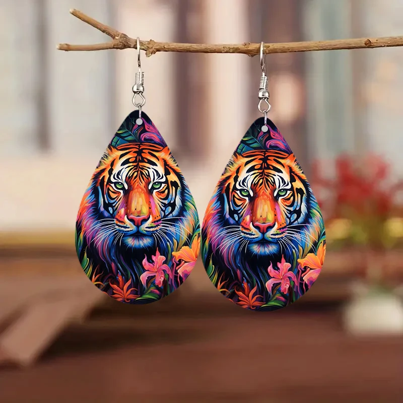 SOMESOOR Tiger Floral Eye Water Droplet Pendant Trendy Leopard Print Teardrop Earrings Jewelry Ideal Choice For Women Girl Gifts
