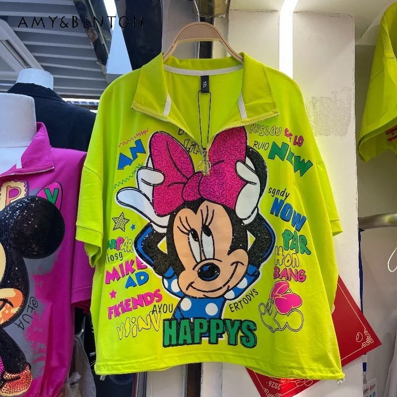 

2026 European Style Heavy Industry Sequins T-shirt Female Cute Cartoon Round Neck Loose Short-sleeved Top Summer New Y2k Clothes