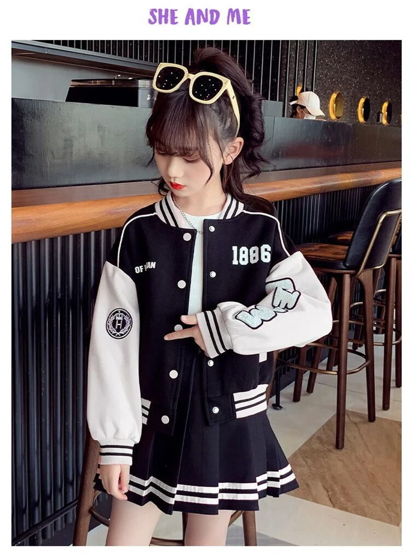 Girls Fashion Clothing Sets Spring Autumn Kids Baseball Sports Suit Children Jacket Pleated Skirt 2Pcs Student Uniform Outfits