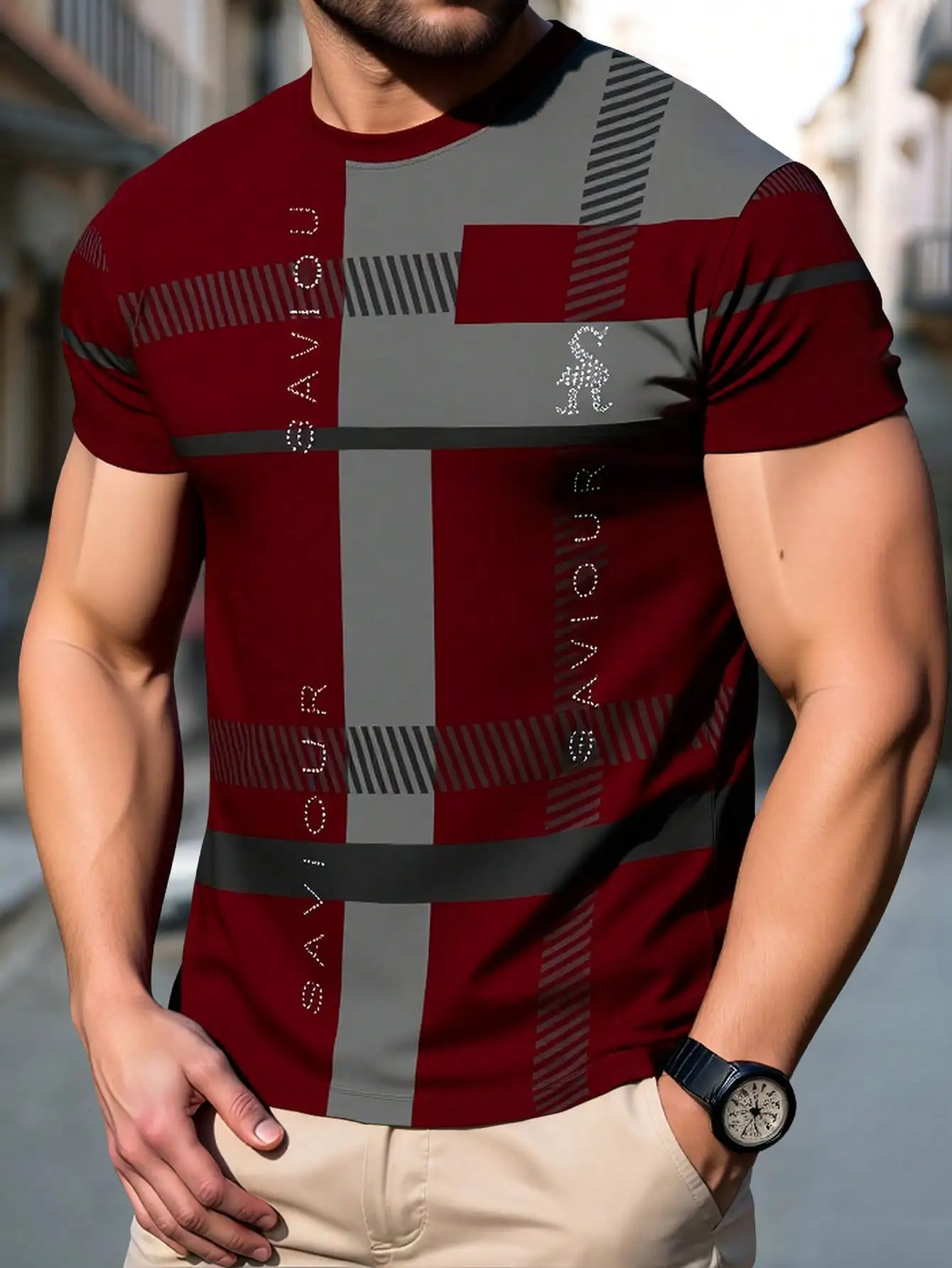 

Мужская футболка с геометрическим узором и контрастными цветами, с круглым вырезом и короткими рукавами, для летнего повседневного образа