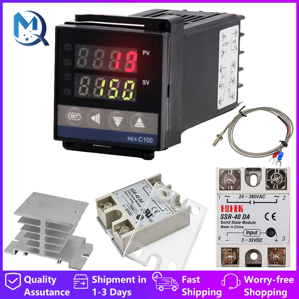 Regolatore di temperatura PID digitale REX-C100 termostato REX C100 + relè SSR 40DA + termocoppia K sonda 1m Display a schermo LED RKC