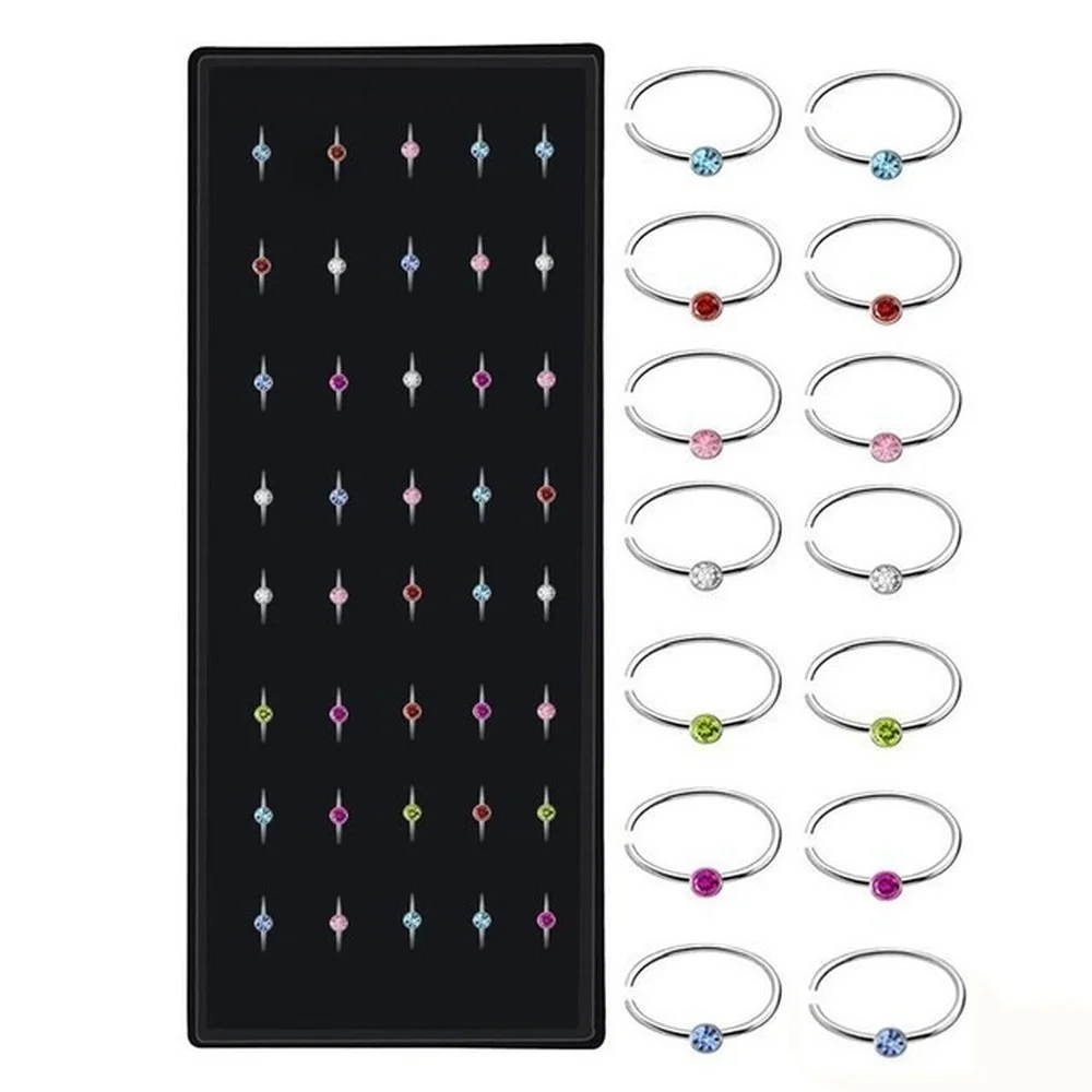 Crystal C Shape Nose Ring Set para Mulheres, Aço Inoxidável, Multicolor Bend, Stud Piercing, Moda, 40 Pcs, 60 Pcs