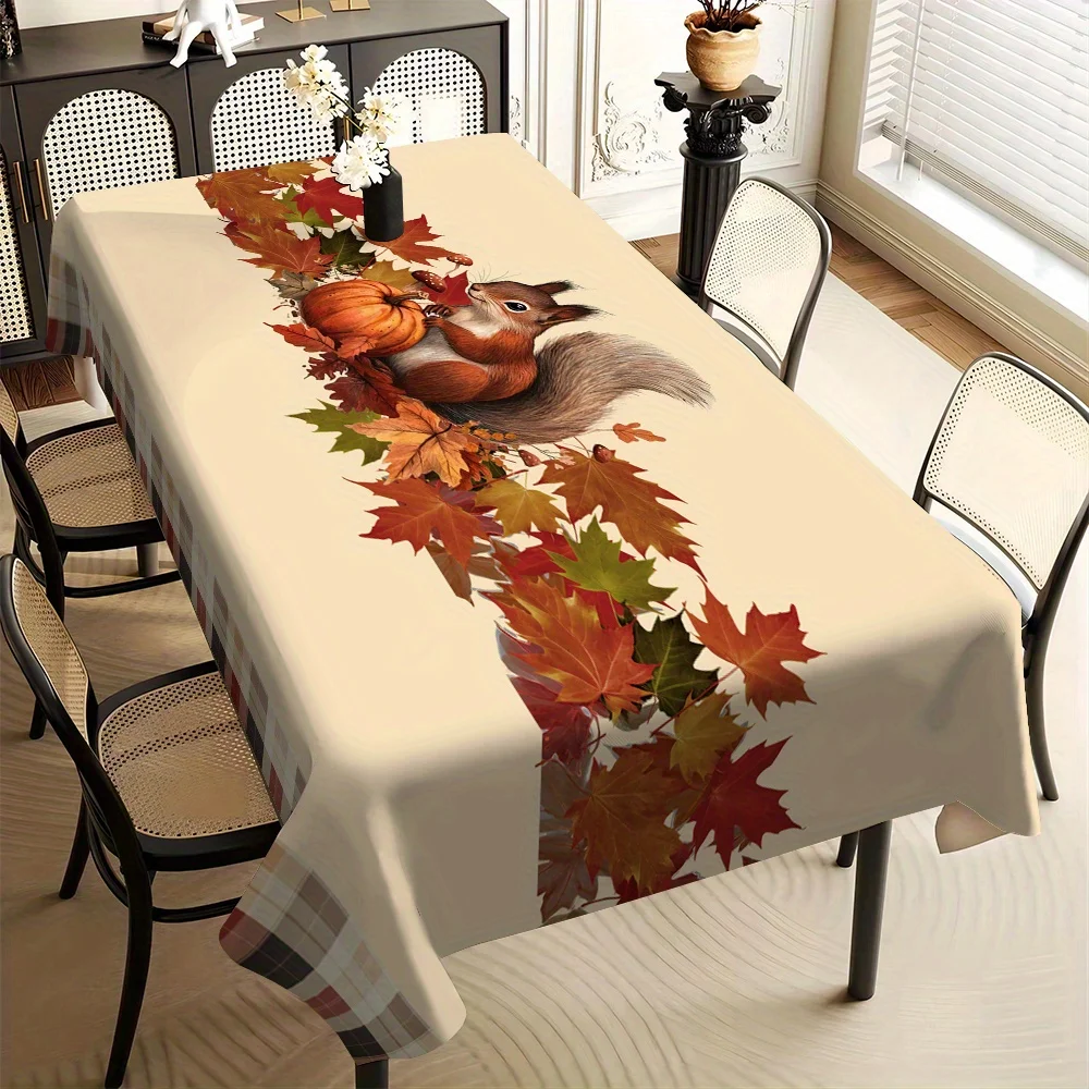 Autumn Squirrel Pumpkins Plaid Rectangle Tablecloths for Table Decor Fall Maple Leaves Waterproof Table Cloth Thanksgiving Decor