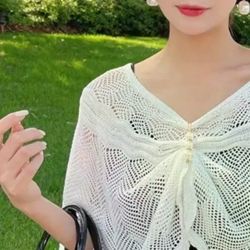 

Women's Solid Color Cotton Knitting Shawl Summer Sun Protection Scarf with Pearl Pin Decorated Hollow out Poncho