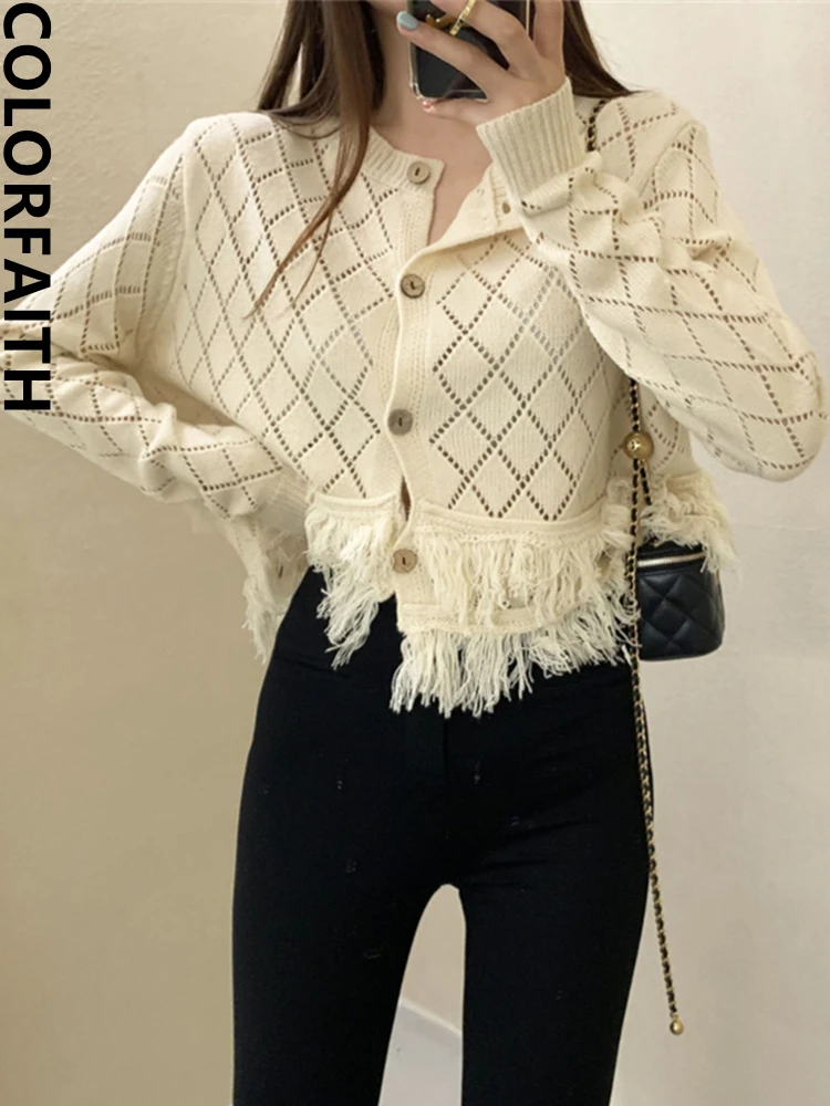 Colorfaith New 2022 Korean Fashion Tassel Cutout Sweaters Women Autumn Winter Short Cardigans Vintage Elegant Tops SWC3818JX