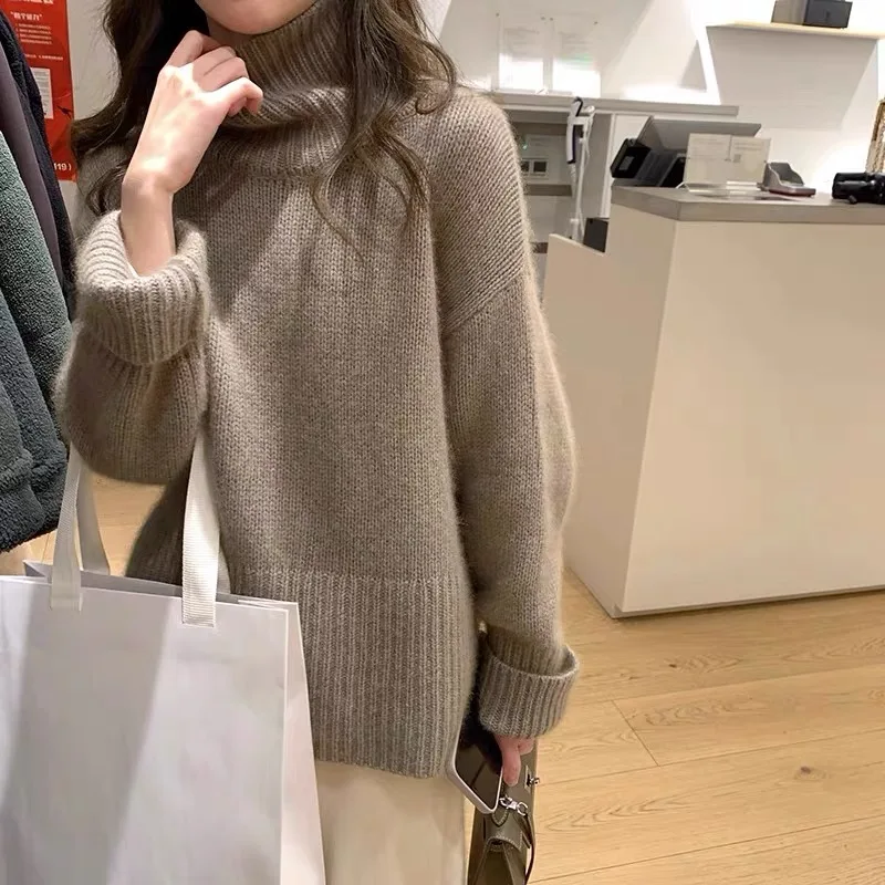 Nieuwe vrouwen wollen trui hoge kraag trui herfst winter 100% merinowol gebreide kleding vrouwelijke populaire losse kleding tops