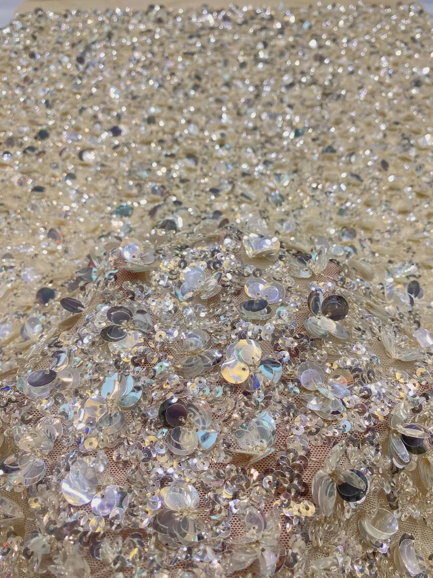 

High-end 5+9+12mm crystal sequin stretch tulle embroidered fabric for wedding dresses, evening gowns DIY sewing materials