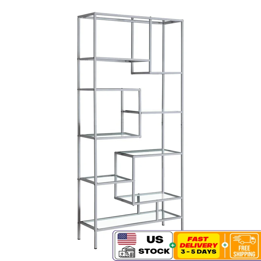 

Industrial Metal Bookcase with Tempered Glass Shelves Etagere Storage Rack Office Living Room Bedroom Display