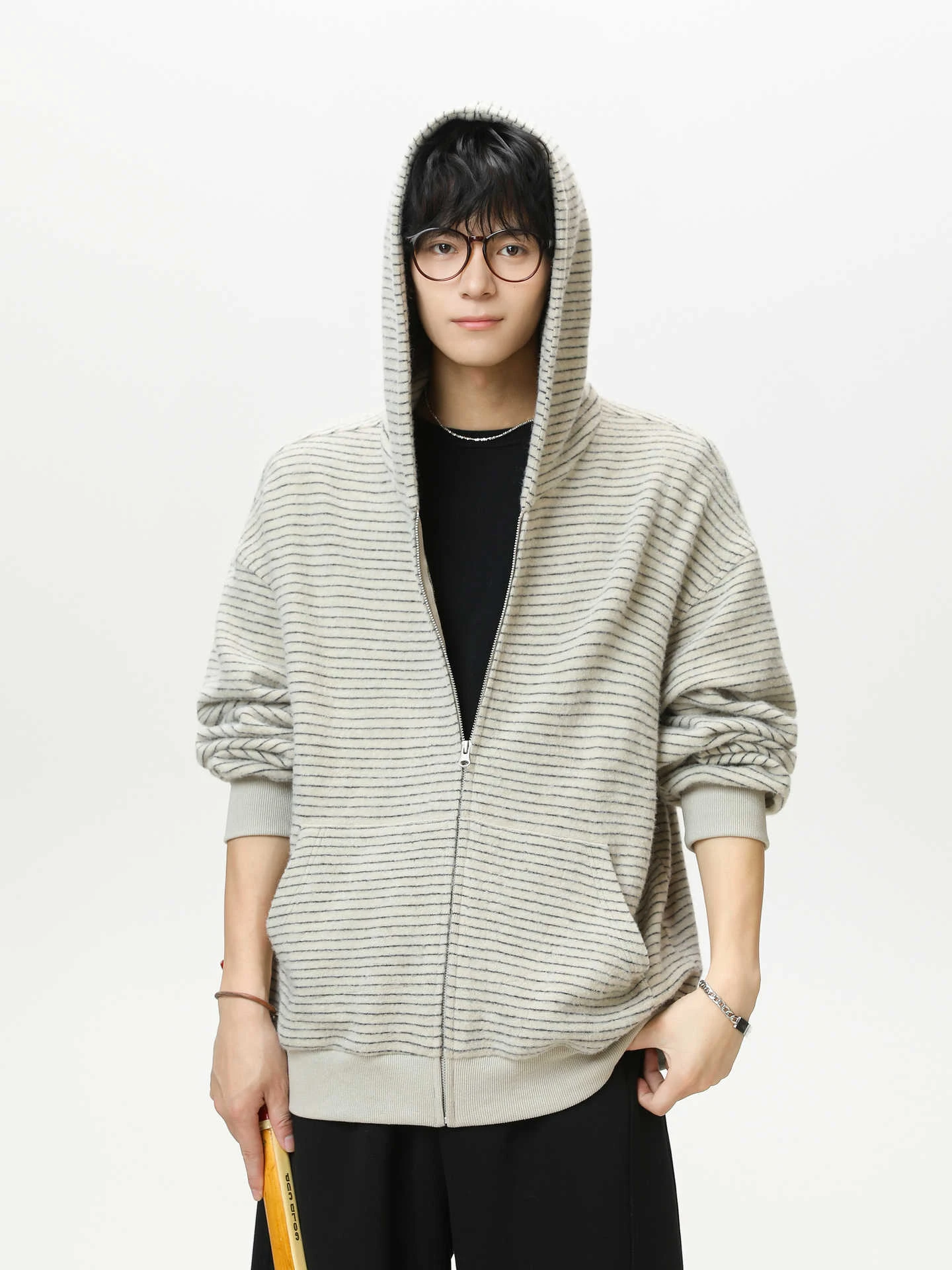 

American Retro Striped Open Cardigan Hoodie Men's Loose Lazy Sle Couple ort Zipper Jaet Casual Sle Warmth Teenage