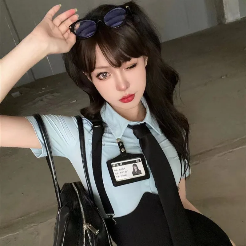 2024 Summer Sexy Short Sleeved Shirt Suspenders Pleated Skirt JK Uniform Female Vintage School Uniform Cheerleader Uniform