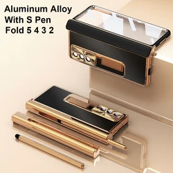 Stainless Steel Stand Metal Case For Samsung Galaxy Z Fold 5 4 3 5G With Pen Aluminium Bumper 360 Full Protection Hinge Cover