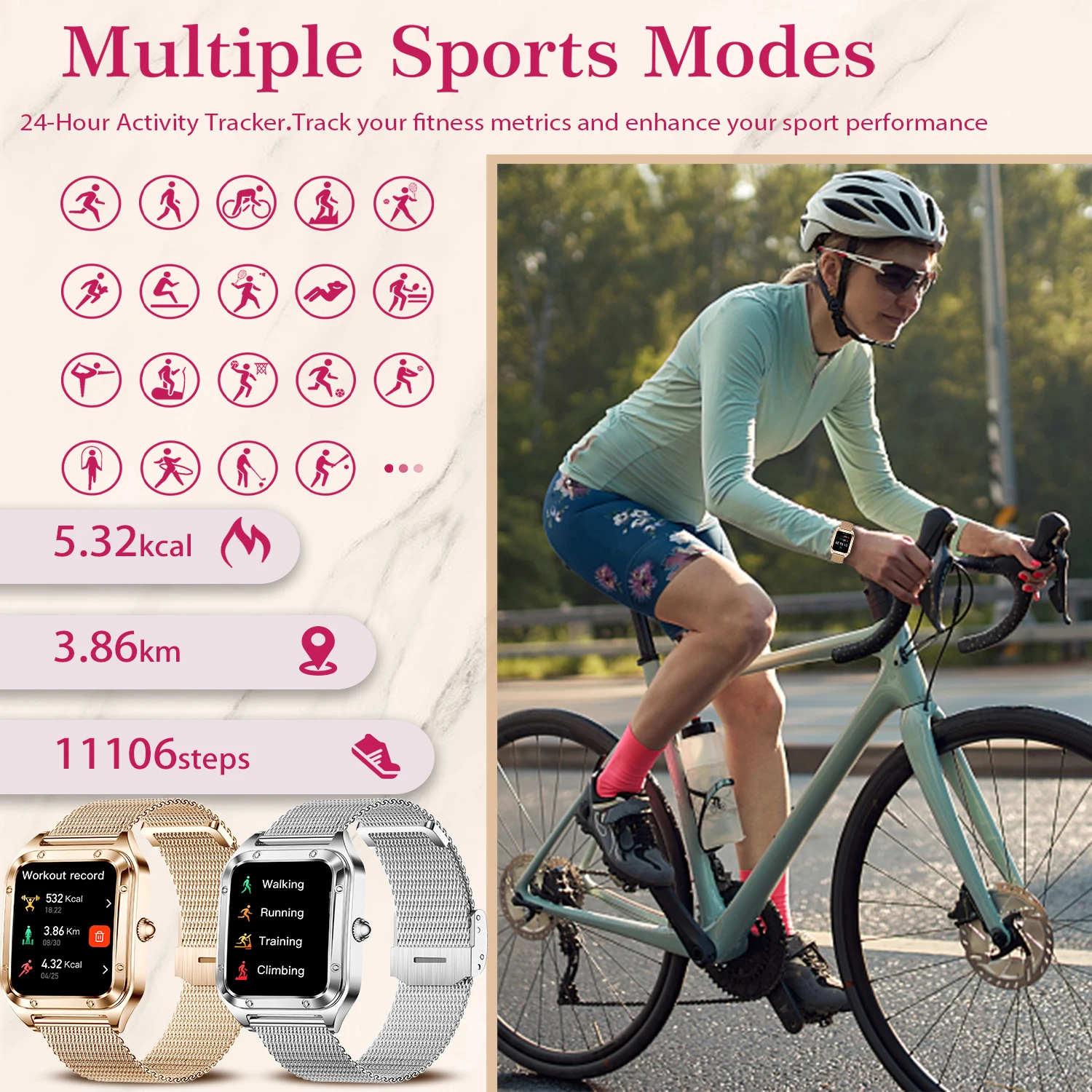 Dames smartwatch (antwoord/oproep maken) voor iPhone/Android, fitnesstracker/100+sportmodi/200+horloge gezichten/1,59" scherm, ideaal cadeau