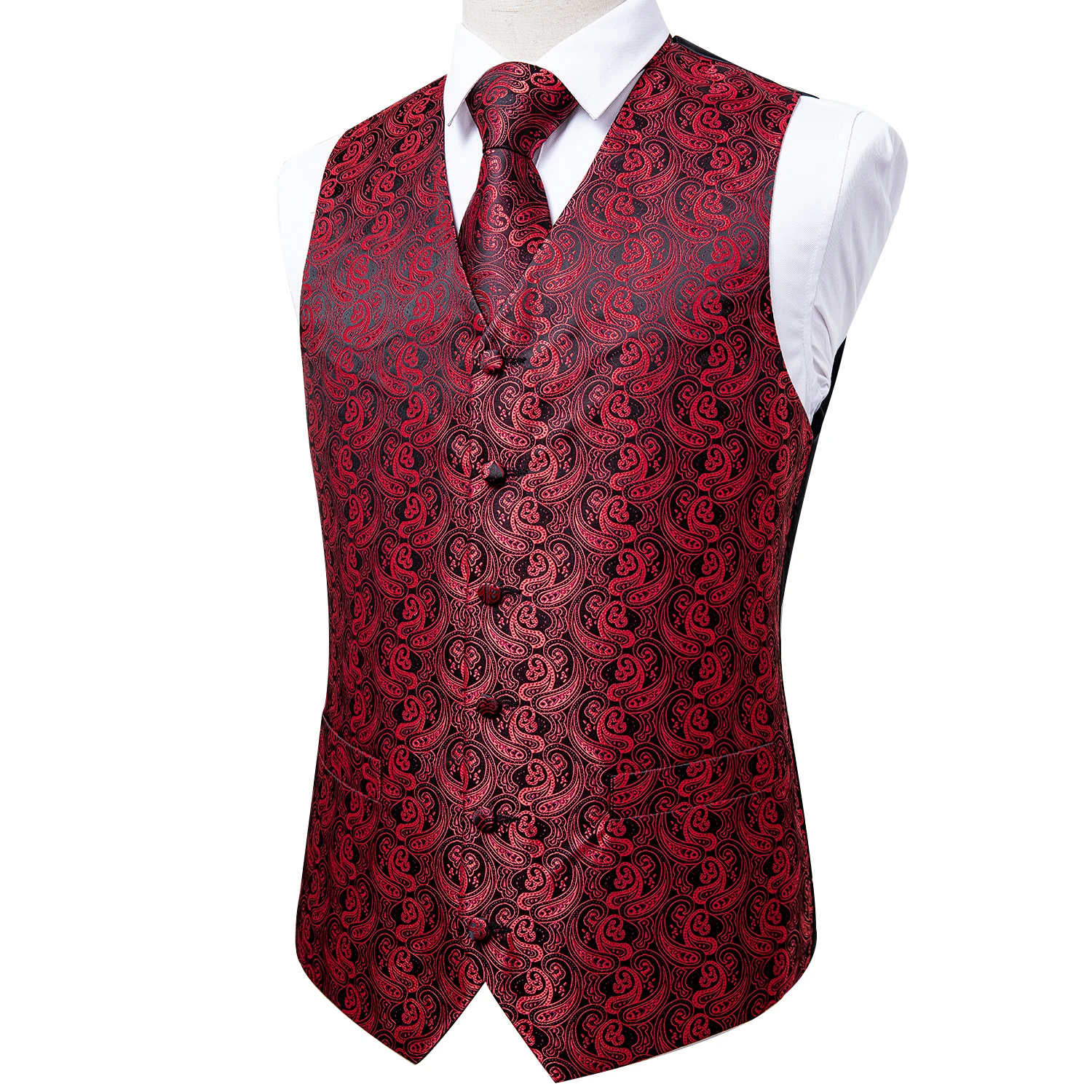 Dibangu Classic Red Black Paisley Men\'s Suit Vest Necktie Pocket Square Cufflinks Set Formal Business Waistcoat for Man Wedding