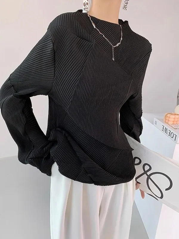 

YUDX 2025 г. Женская плиссированная полуводолазка с длинными рукавами, бежевая блузка с расклешенными манжетами, повседневная модная удобная одежда на каждый день