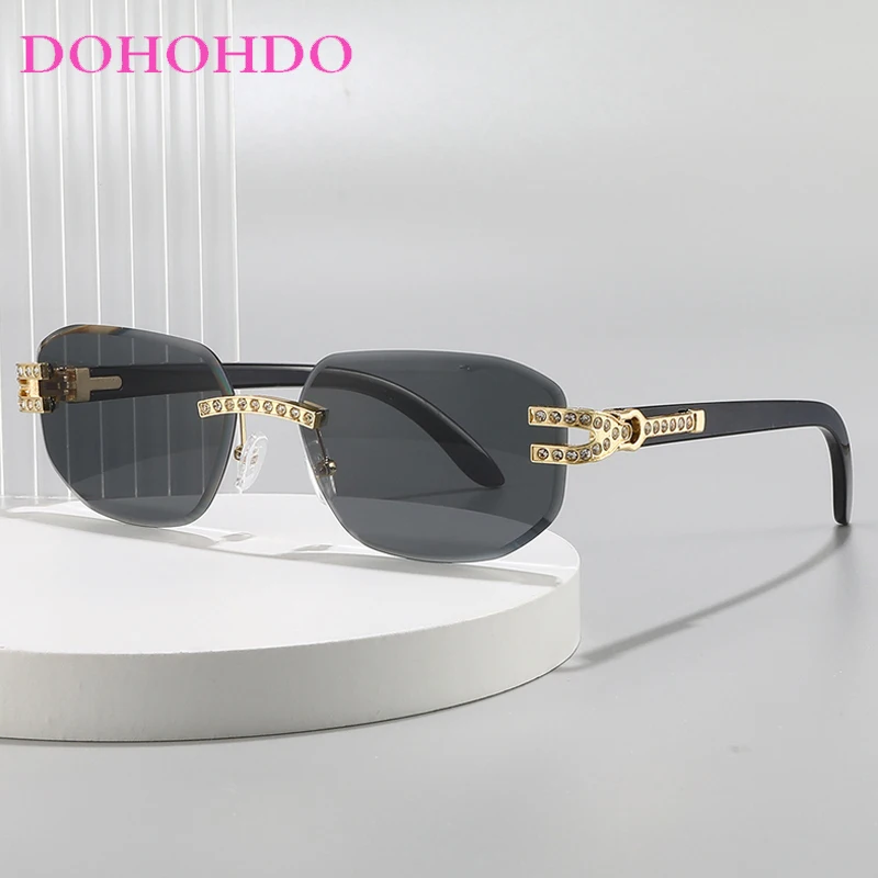 

New Luxury Rimless Square Imitation Diamond Sun Glasses Women Men Fashion Designer Eyewear Summer Traveling Driving Shades UV400