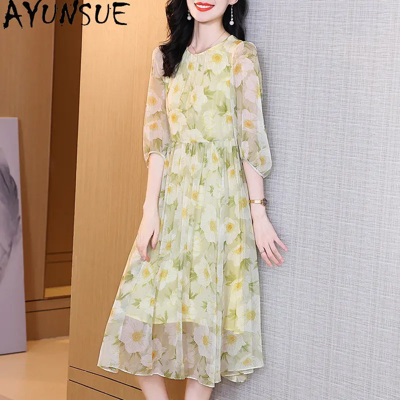 

AYUNSUE 100% натуральное шелковое платье из тутового шелкопряда для женщин, летнее платье 2026 с принтом, элегантные женские платья, Vestidos Para Mujer