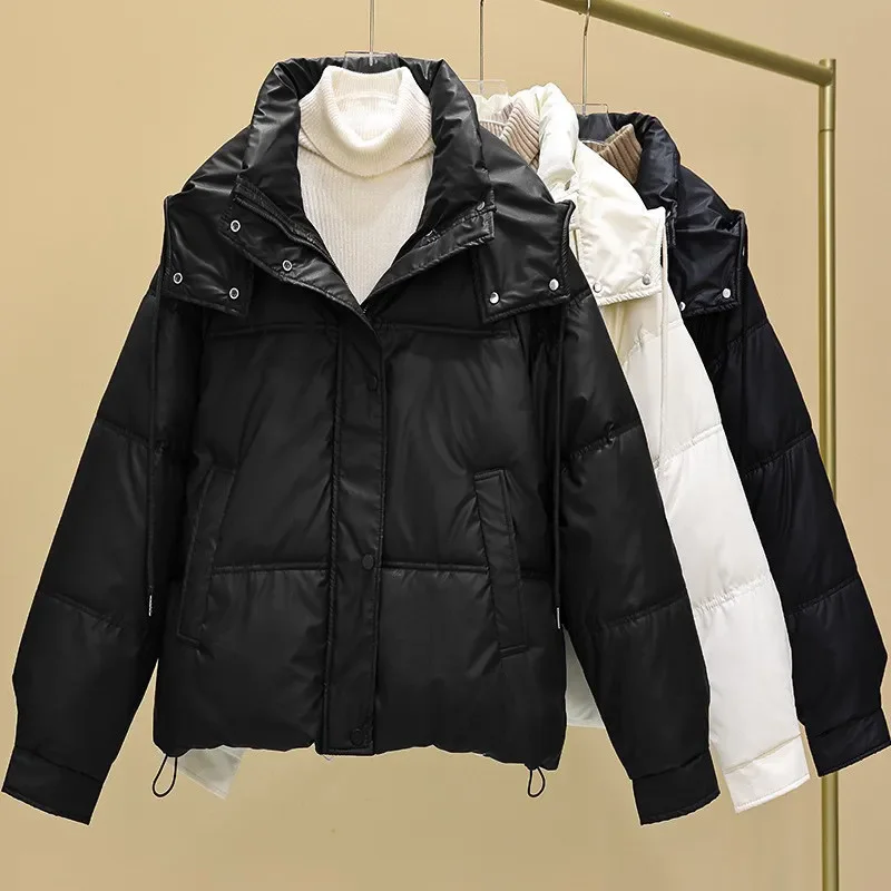 Detachable Hat Down Cotton Jacket Women Outwear Winter New PU Egg White Leather Short Loose Cotton Coat Hooded Thick Warm Parka