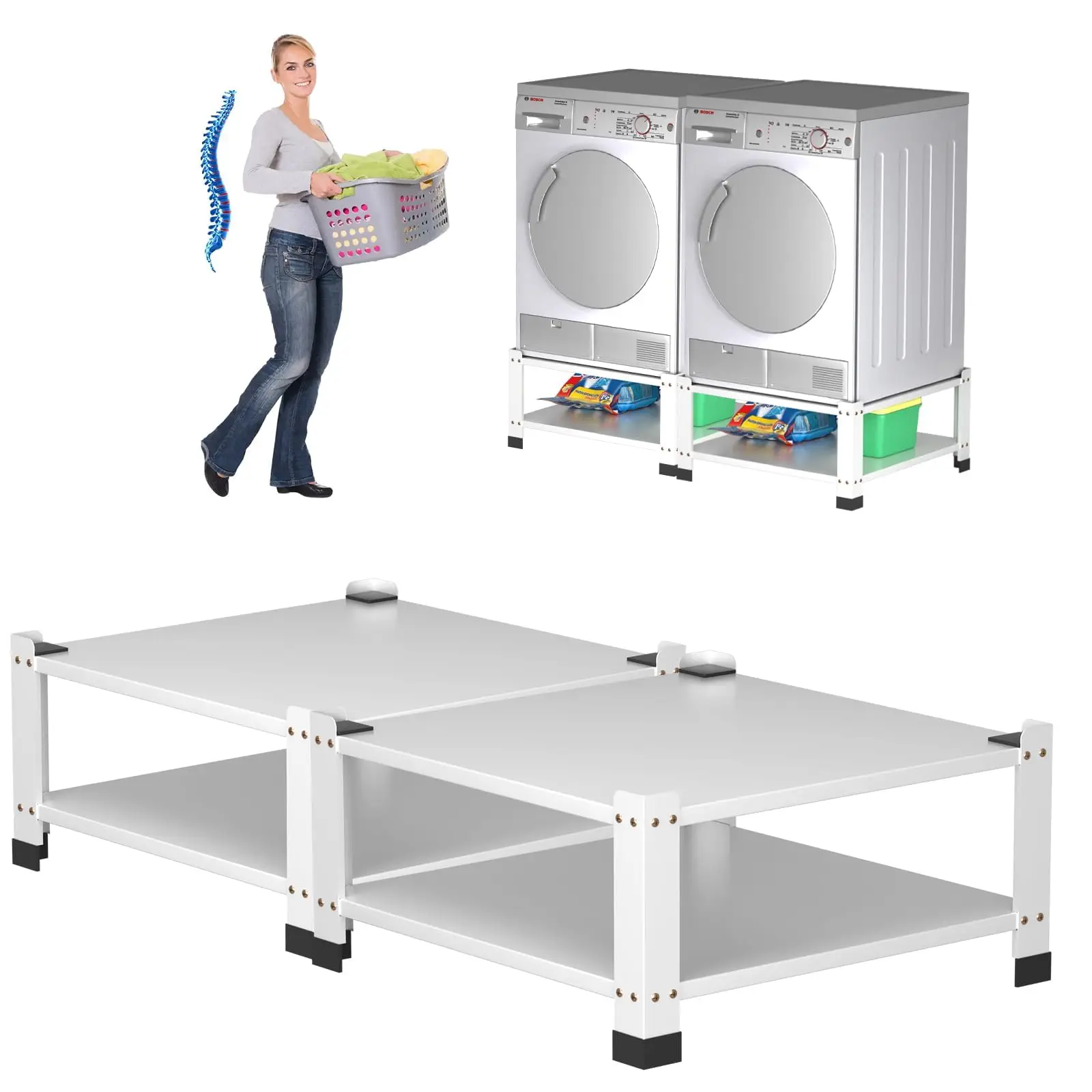 2 PACK Washing Machine Base With Storage Shelf 800Lbs Load Capacity Heavy Duty Washer and Dryer Stand