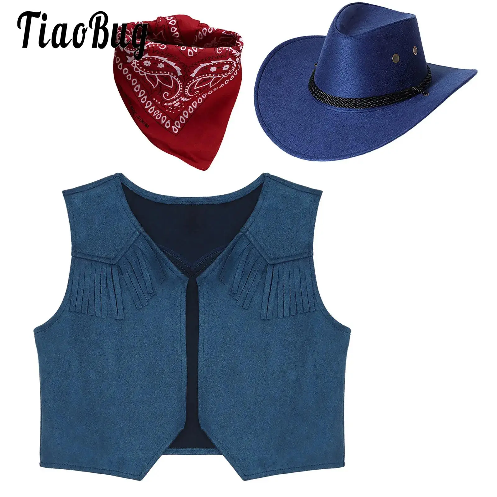 

Kids Boys Western Cowboy Cosplay Costume Halloween Carnival Party Tassel Waistcoat Cowboy Hat and Bandanna Suit Role Play Set