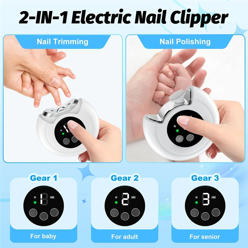 AINY-ネイルトリマー 電動爪やすり&3スピードギア付き、赤ちゃん、大人、高齢者用ベビー爪切り
