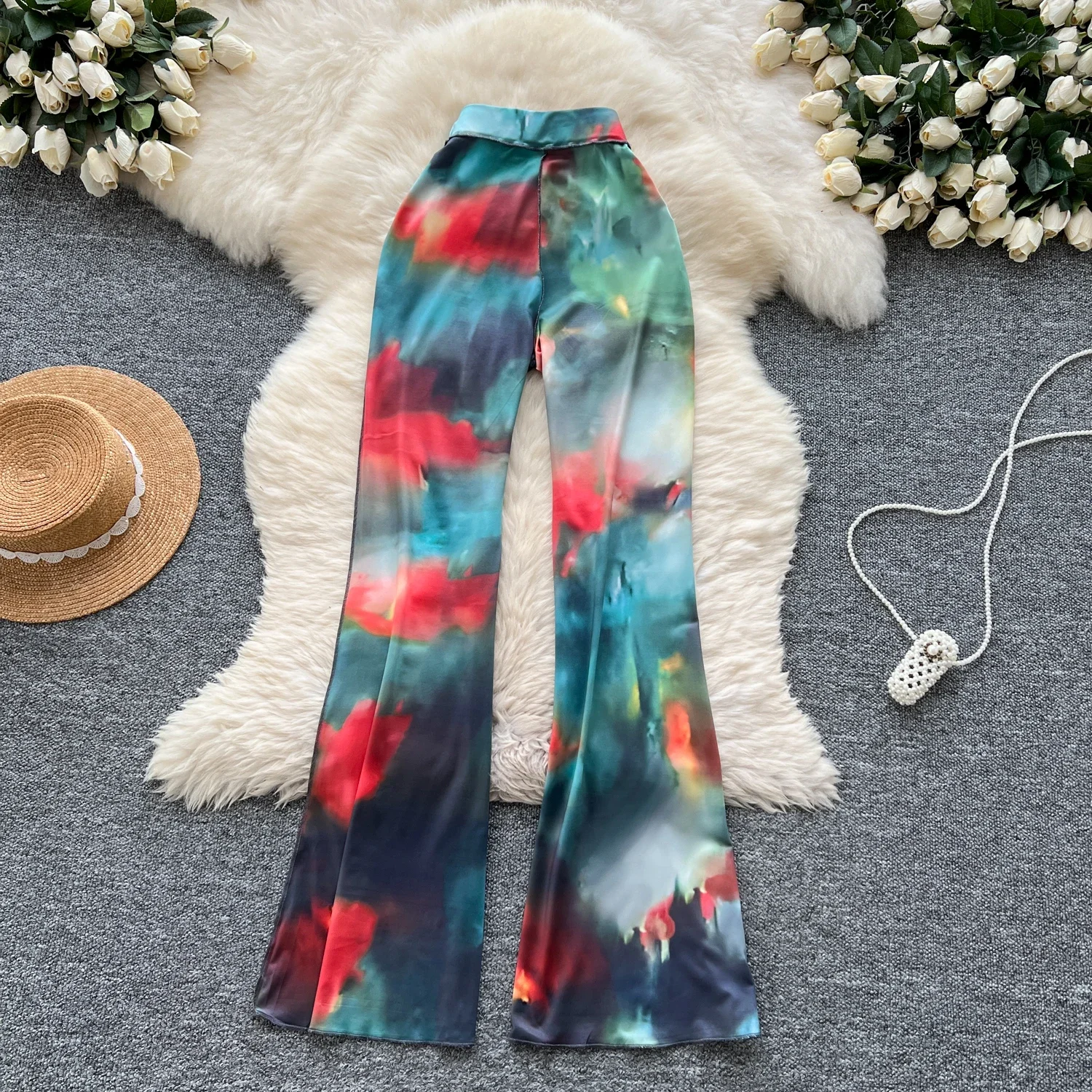 Casual Tie Dye High Waist Vintage Women Basics Print Chic Light Flare Pants Korean High Street Streetwear Autumn Winter Clothing