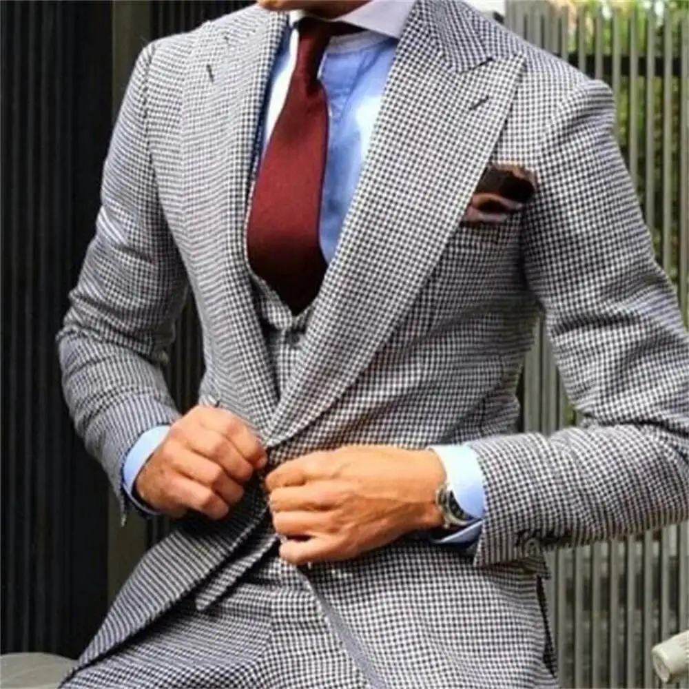 

Men Suits 2 Pieces suit High Quality Slim Fit Business Groom Houndstooth Wool Tuxedos For Formal Wedding Party