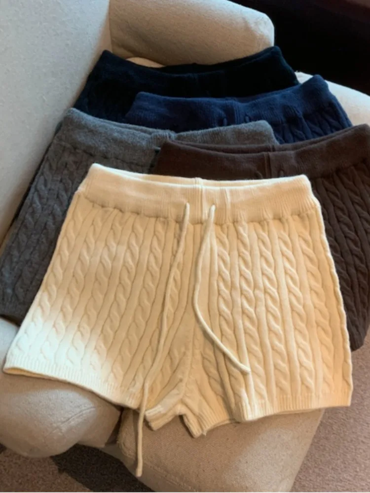 กางเกงไหมพรมถักสไตล์เกาหลีญี่ปุ่นย้อนยุคสำหรับผู้หญิง  ชุดลำลองฤดูใบไม้ร่วง เอวยางยืด  ด้ายบิดเกลียว  ทรงขาบาน  ช่วยให้ดูผอม