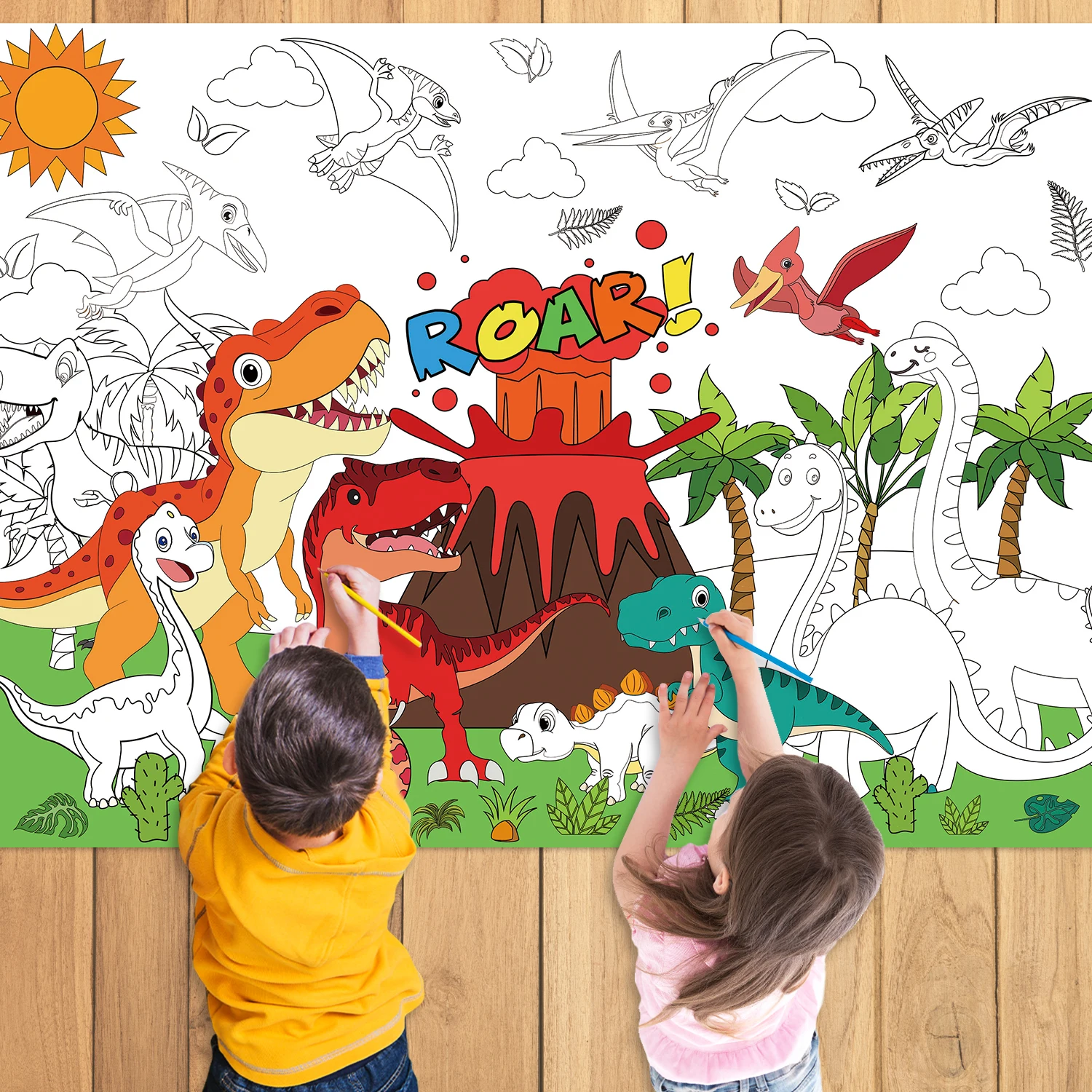 Libros para colorear del mundo de los dinosaurios, mantel grande para colorear, suministros para fiesta de cumpleaños, recuerdo para niños, 110x80cm ﻿