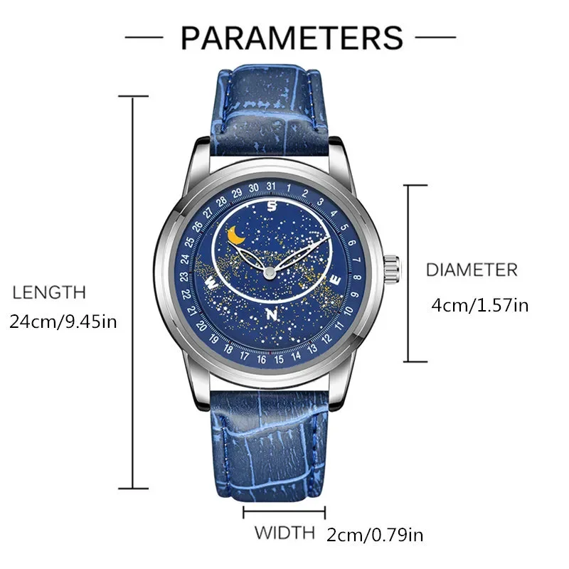 New Fashion Starry Sky Stars Moon Watch Men Blue Watches Casual Leather Band Quartz Wristwatches Men Best Gifts Cheap Price 2023