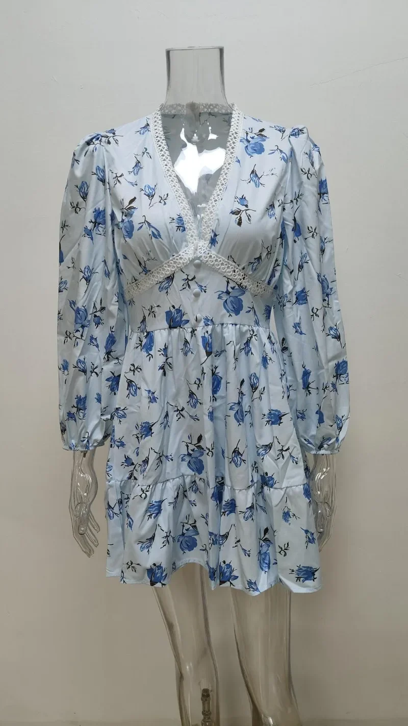 Summer Lace V Neck Floral Dresses Women Long Sleeve Lantern Sleeve Mini Dress Elegant Sweet Casual Pullover Dresses New Fashion