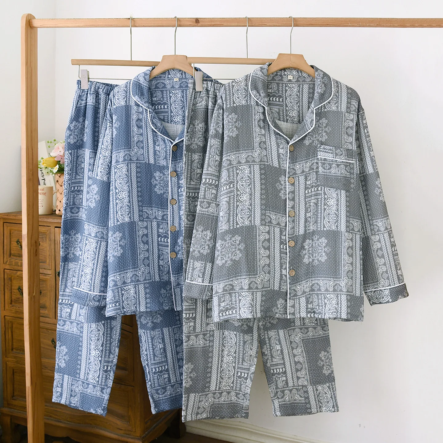 Cotton Gauze Paisley Printed Men's Sleepwear Clothes Spring Autumn Long Sleeved Shirt Pants Loose Oversized Home Suit