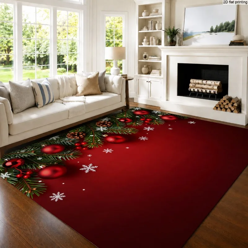 Christmas Pine Branch Bauble Area Rug Red Snowflake Rectangle Floor Rug for Living Room Indoor Holiday Xmas Winter Theme