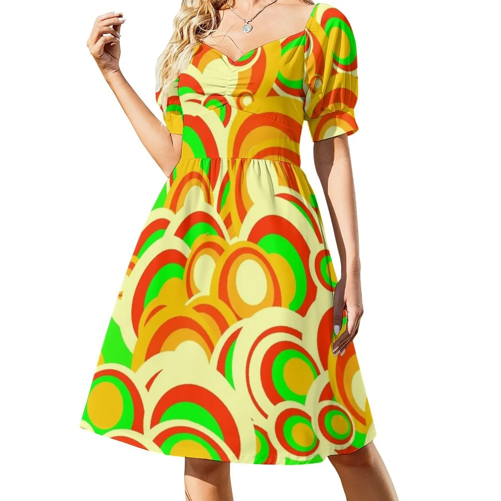 

retro 70s pattern 1973A Short-Sleeved Dress summer dress for women 2025 Aesthetic clothing dresses women summer 2025