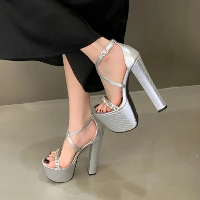 

Women's Silver Snake Print Rhinestone Platform Sandals, Crisscross Ankle Strap Ultra High Block Heels, Sexy Club & Stage Shoes