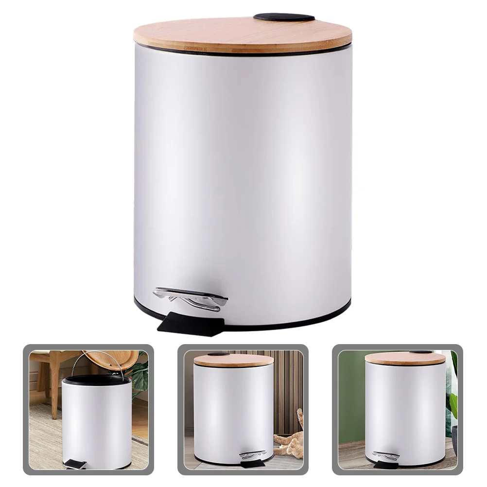 

5L Bamboo Lid Trash Can Slow-Closing Foot Pedal Design Bathroom Bedroom Home Waste Container Step-On Garbage Basket