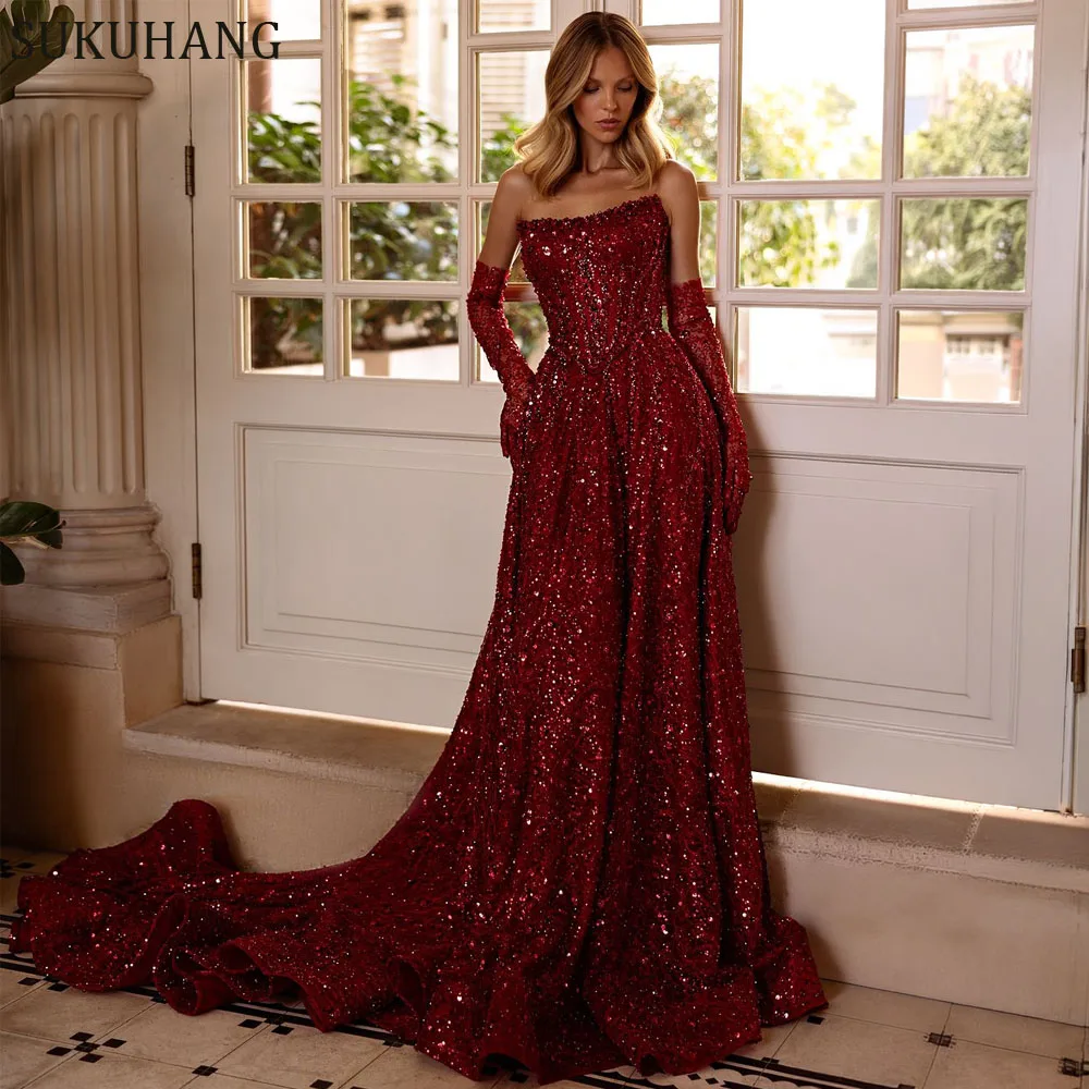 SUKUHANG رائجة البيع فساتين السهرة الحمراء قطار المحكمة ألف خط مطرز فساتين حفلة موسيقية دبي الفاخرة حسب الطلب #1