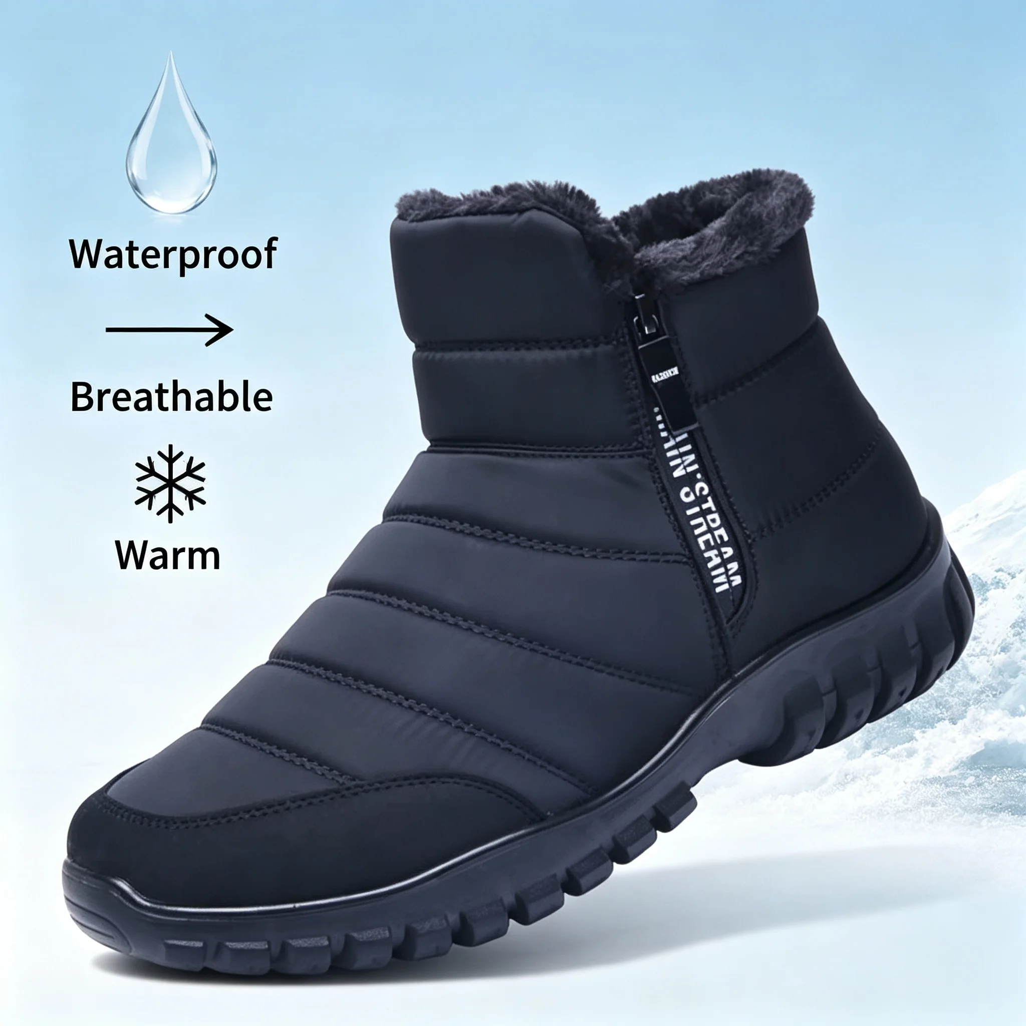 Plus Size Men Winter Thermal Cotton Shoes Double Zipper Light PU Sole Warm Fur Lining Anti-slip Waterproof Ankle Snow Boots