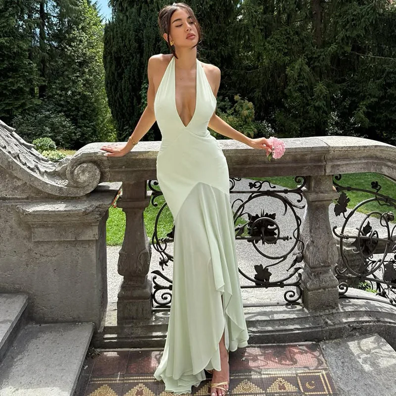 

TARUXY Halter Backless Maxi Dress For Women Deep V neck Sexy Mesh Splice Dress Slim Elegant Evening Party Dress Female Summer