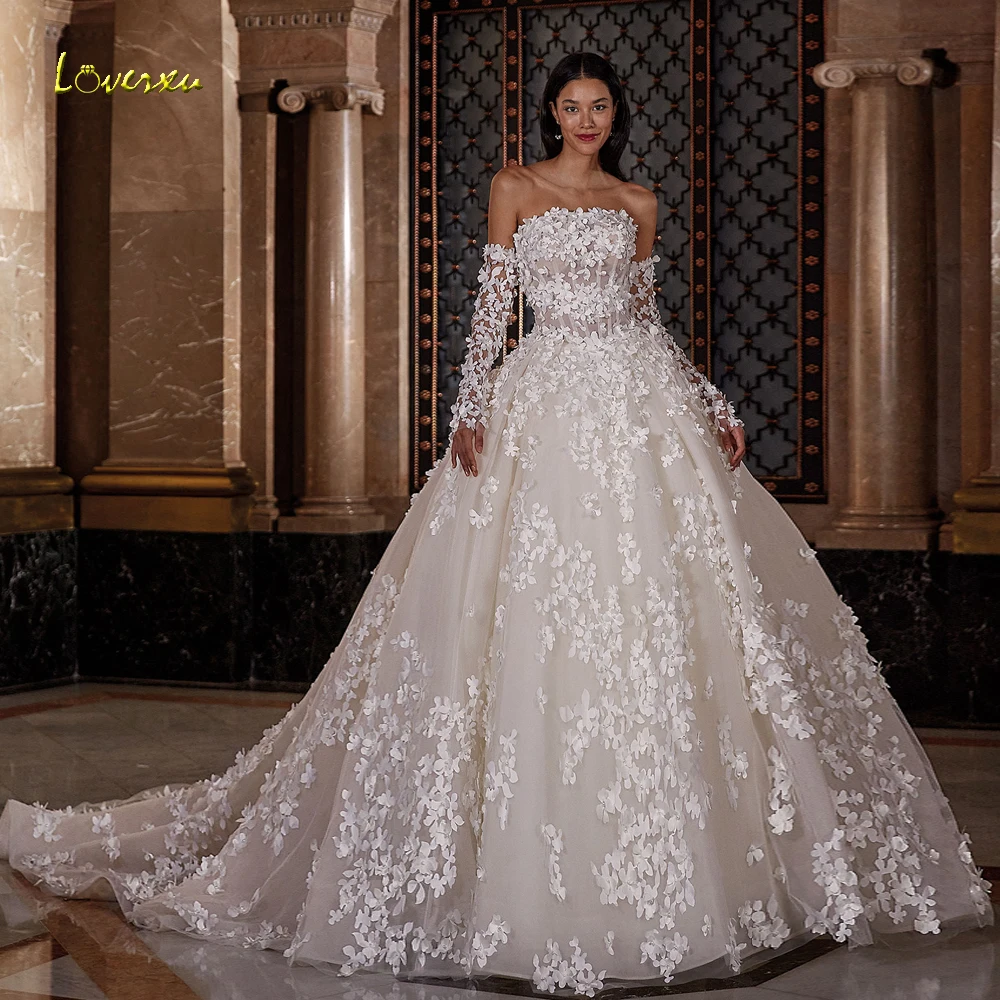 

Loverxu Элегантные свадебные платья трапециевидной формы без бретелек с длинными рукавами Vestido De Novia Кружевная вышивка Шикарное свадебное платье на заказ