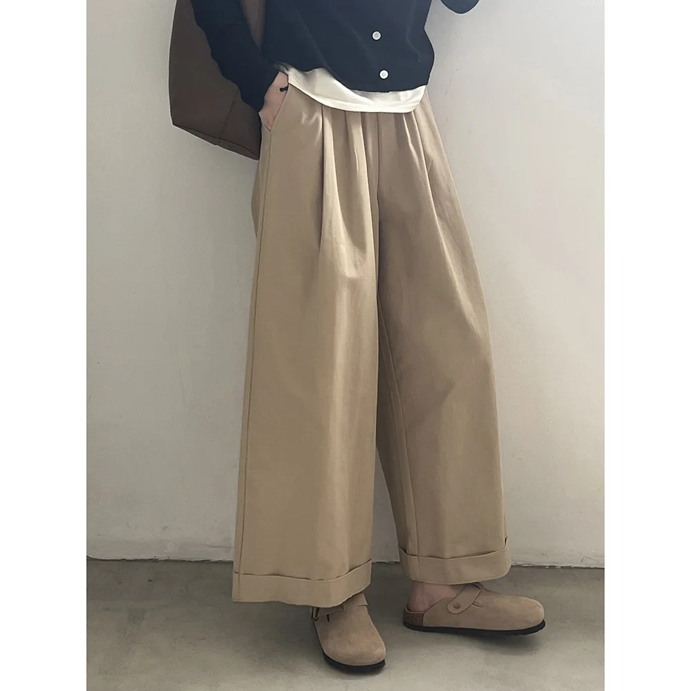 Loose Straight Leg Comfortable Pure Cotton Women's Pants Korean Style Cuffed Casual Slimming High Waist Vintage Spring Fashion