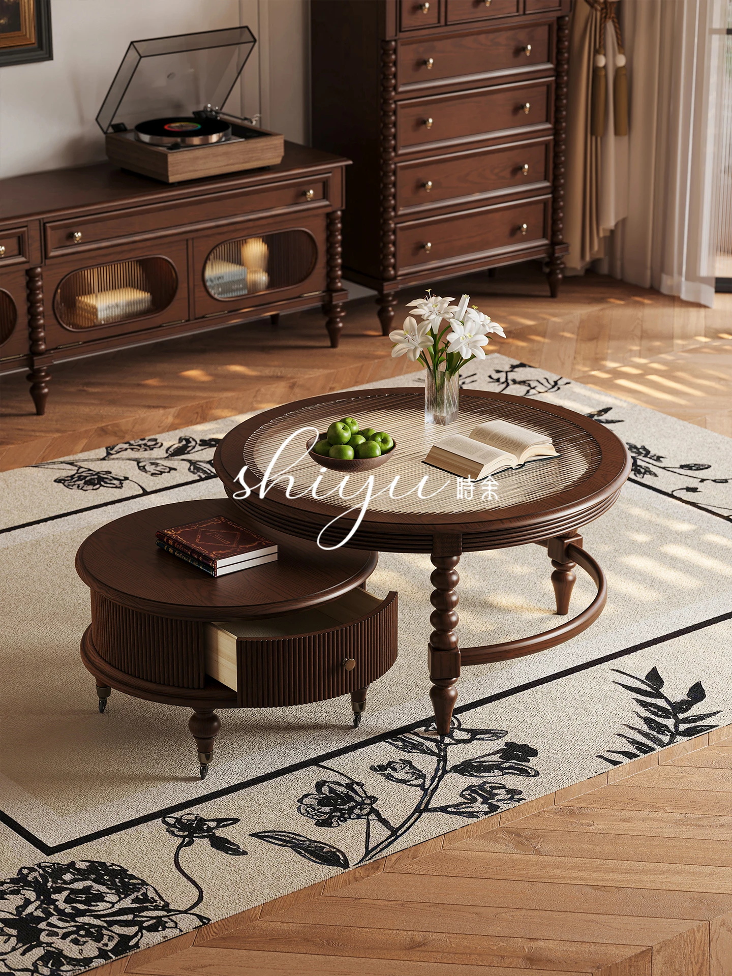 

LMM Mid-Century Solid Wood Vintage Style Round Coffee Table Living Room American Size Coffee Table TV Cabinet Combination