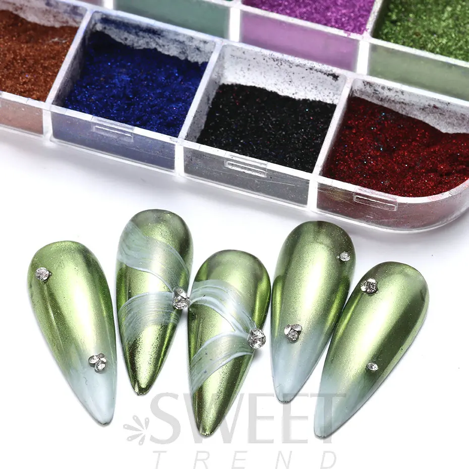 12 Farben Metallic-Pulver-Nagelpigment, holografischer Spiegel, Metall, feines Reiben auf Nagelstaub, Glitzer, UV-Gel-Nagellack, Nageldekoration – Detail 12