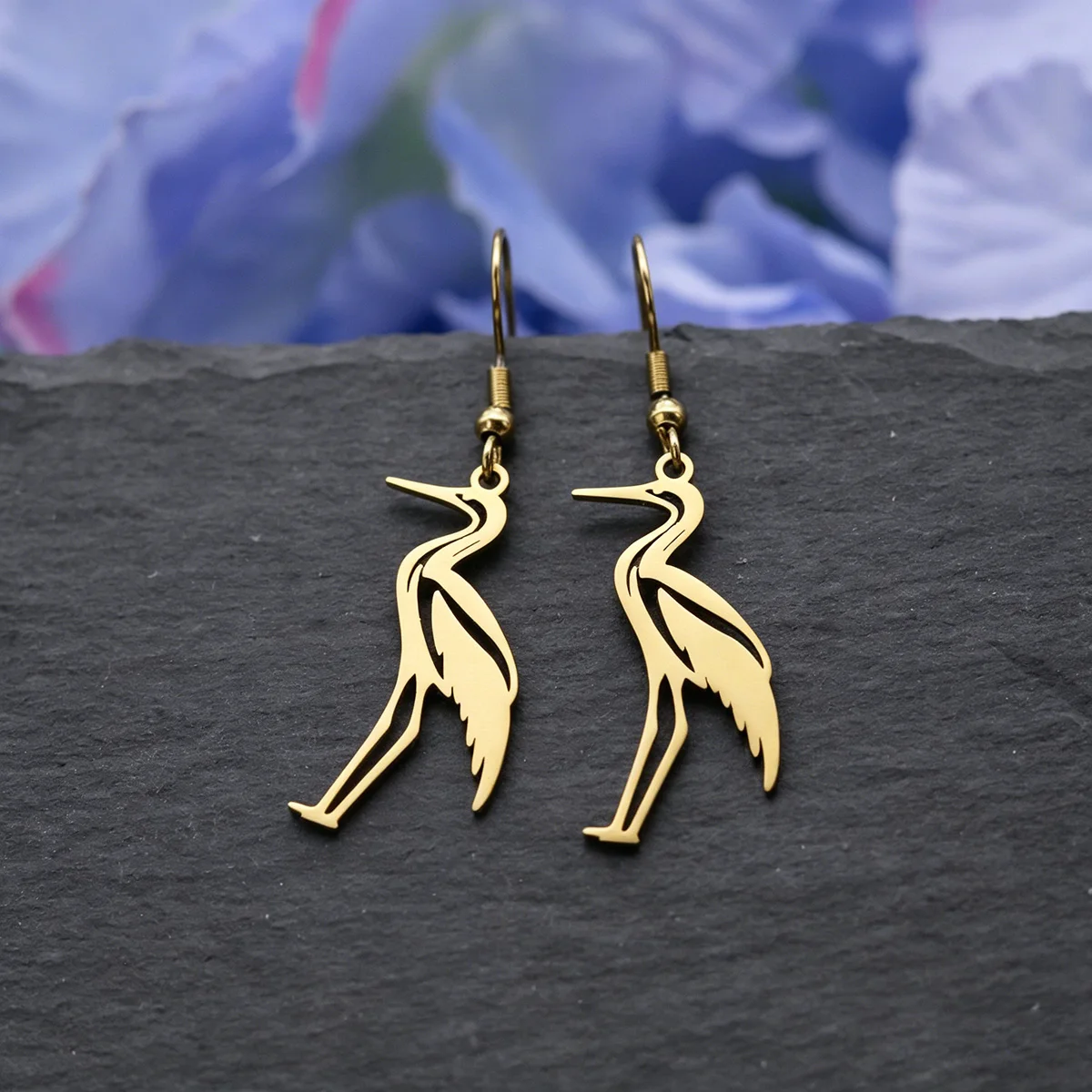 QIAMNI Unique Crane Heron Dangle Earrings Stainless Steel Bird Animal Piercing Drop Earring Birthday Jewelry For Women Men Gift