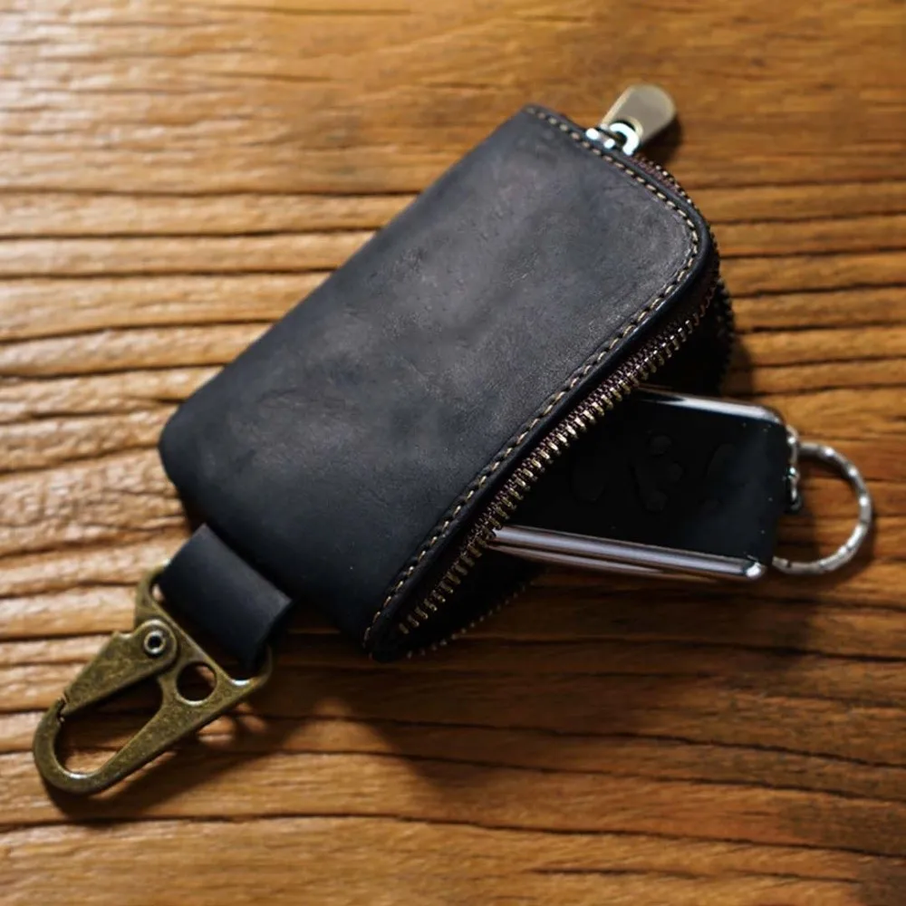 Genuine Cowhide Key Fob Holder L-Shaped Zipper Antique Brass Carabiner Crazy Horse Leather Wallet Yellow Wax Thread Stitching