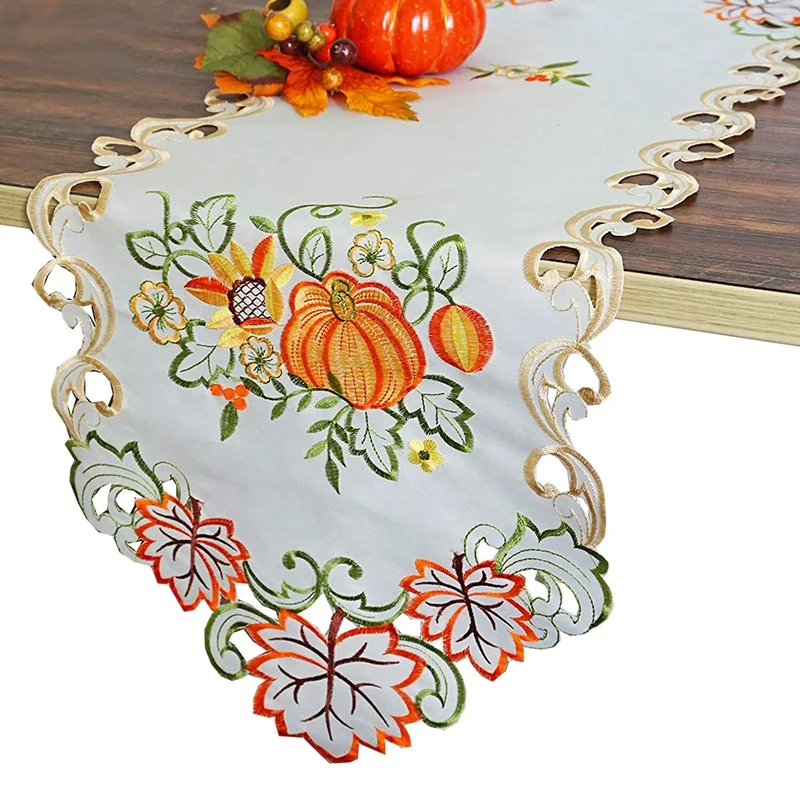 Fall Harvest Table Runners For Thanksgiving,Halloween,Holidays Table Decoration,Embroidered Maple Leaves And Pumpkins