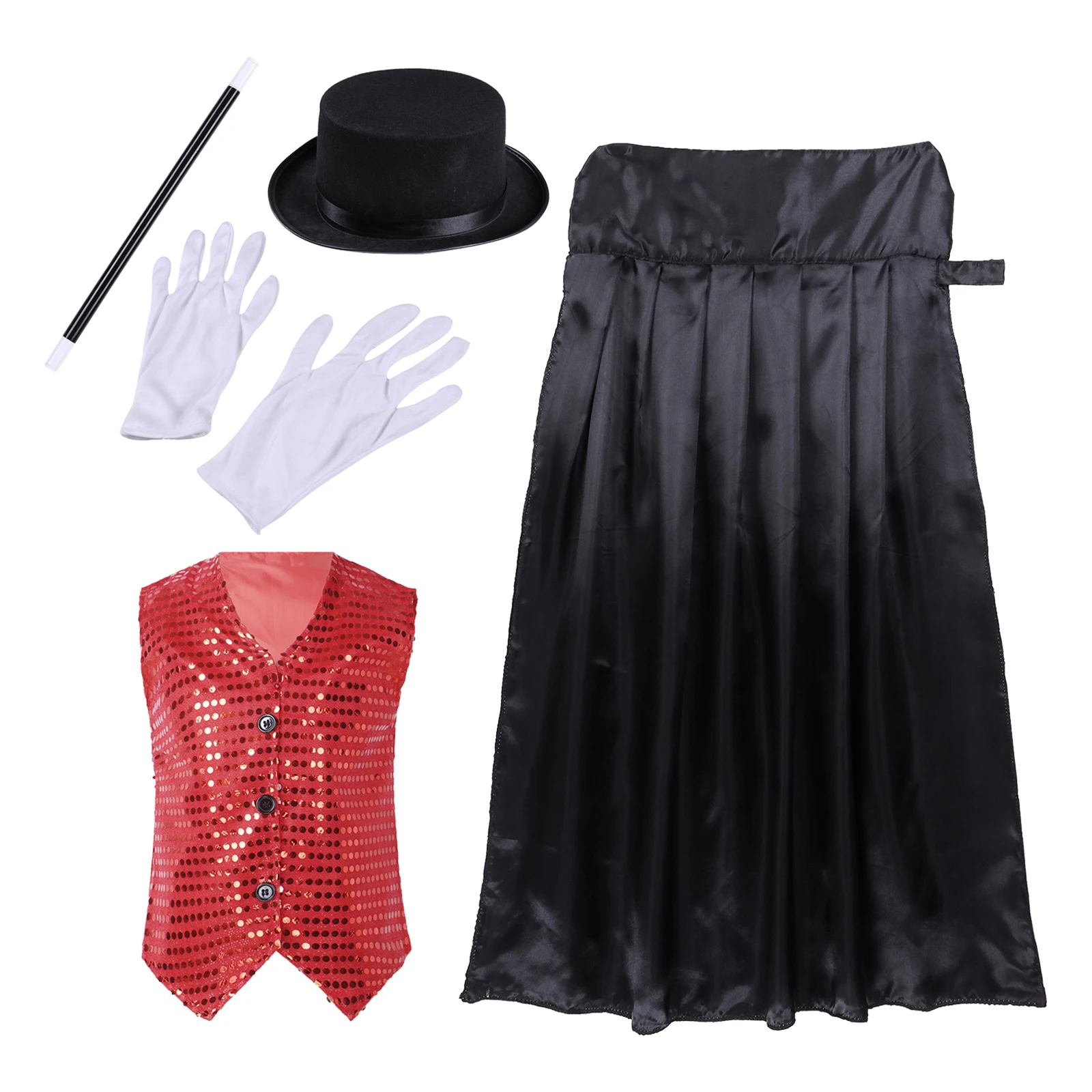 Jongens Halloween Circus Goochelaar Cosplay Kostuum Themafeest Rolleplay Kleding Glanzend Pailletten Vest Met Cape Hoed Toverstaf Handschoenen