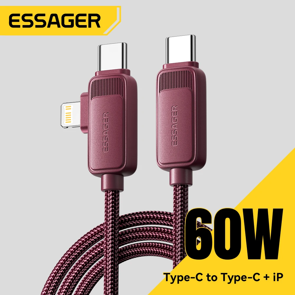 Essager 60W USB C Cable 2 in 1 Type C to Type C and Lighting For Samsung Xiaomi IPhone 17 16 Pro Max 3A Fast Charging Data Cable