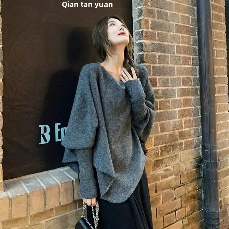 

Laid-ba Sle V-ne Knitwear Batwing Sve Women's Top Irregular Design Spring Autumn New Faion Knitted Outerwear